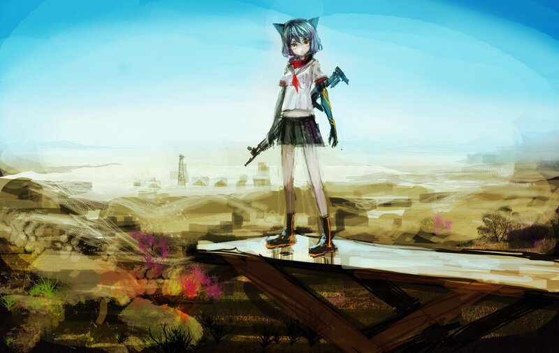 anime girl with gun on bridge
