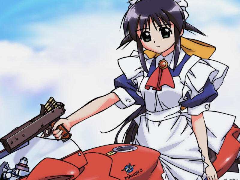 anime girl with gun on motorcycle