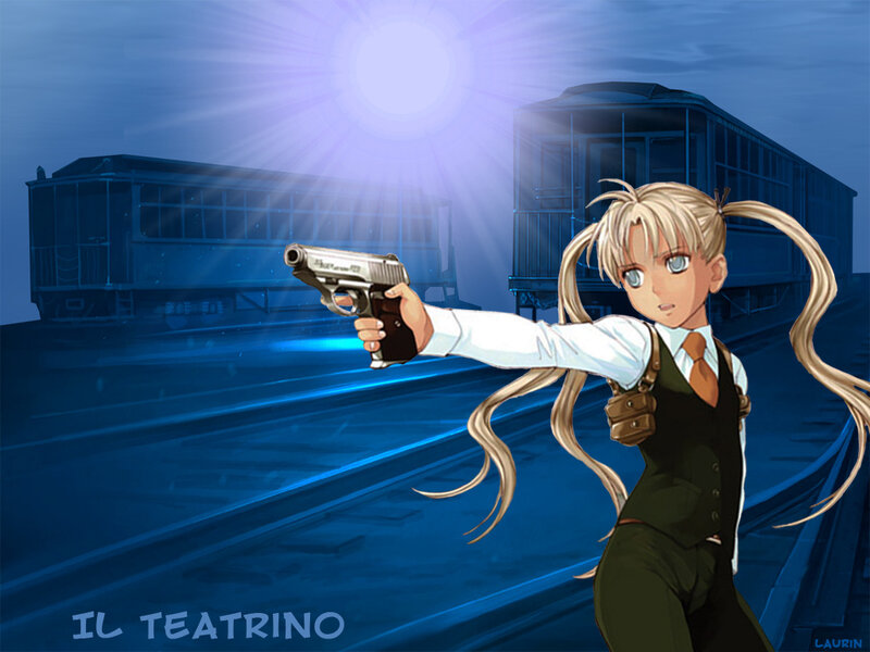 anime girl with gun on train tracks