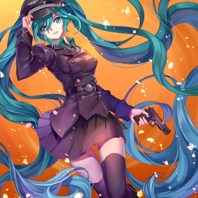Anime Girl with Gun — Orange, Dramatic, Digital Art, Military Hat