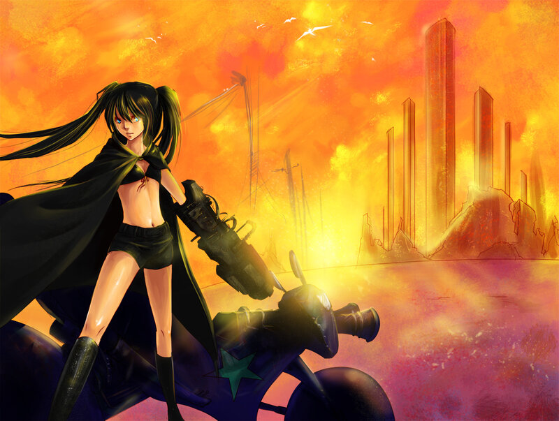 Anime Girl with Gun — Orange, Dramatic, Sunset