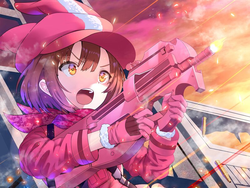 Anime Girl with Gun — Pink, Dramatic, Sunset