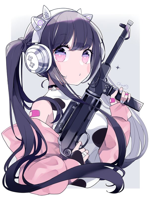 Anime Girl with Gun — Pink, Playful, Digital Art