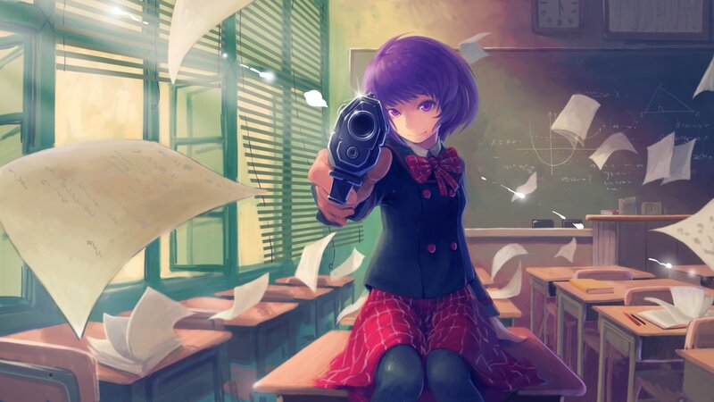 Anime Girl with Gun — Purple, Dramatic, Afternoon
