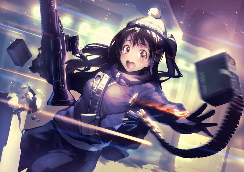 Anime Girl with Gun — Purple, Dramatic, Digital Art, Explosion, Hat