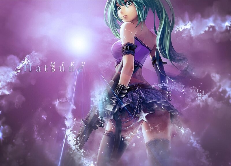 Anime Girl with Gun — Purple, Dramatic, Digital Art, Skirt