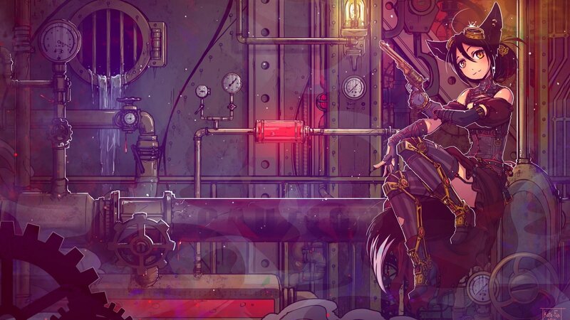 Anime Girl with Gun — Purple, Dramatic, Digital Art, Steampunk Machinery