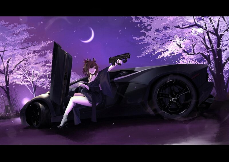 Anime Girl with Gun — Purple, Dramatic, Night, Digital Art, Car
