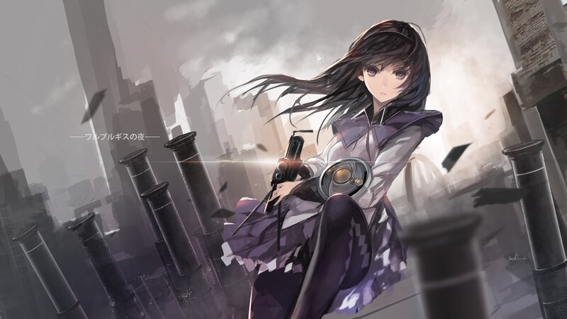 Anime Girl with Gun — Purple, Dramatic, Night, Digital Art, Debris