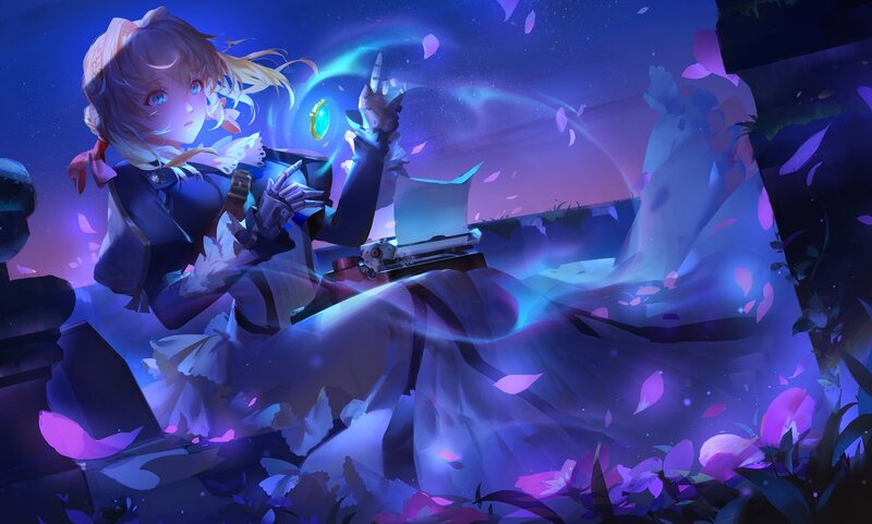 Anime Girl with Gun — Purple, Dramatic, Night, Digital Art, Flowers, Magic