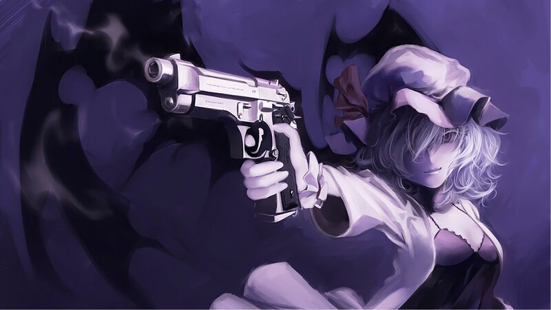 Anime Girl with Gun — Purple, Dramatic, Night, Digital Art, Hat, Smoke