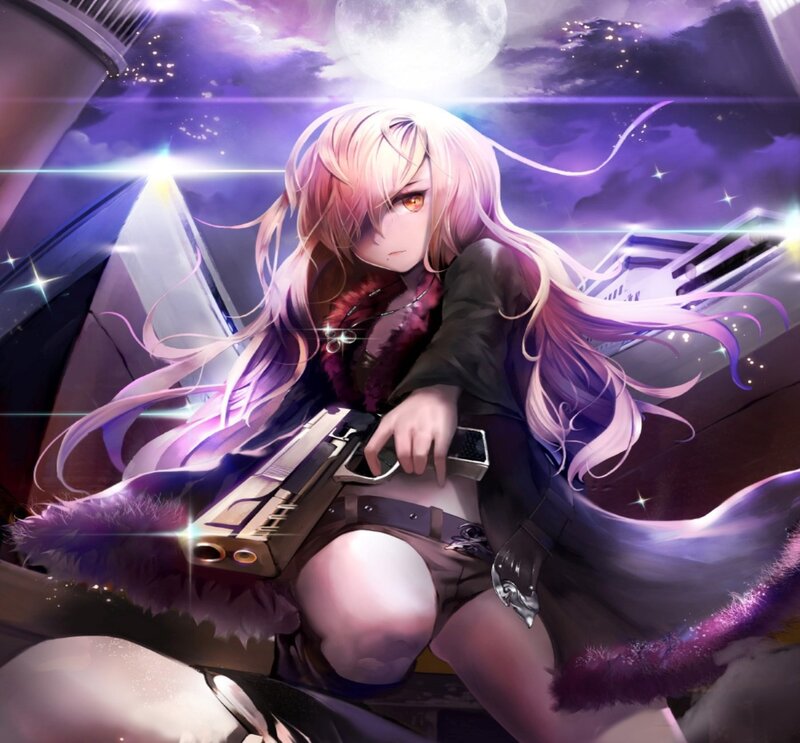 Anime Girl with Gun — Purple, Dramatic, Night, Digital Art, Moon