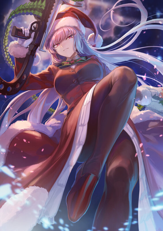 Anime Girl with Gun — Purple, Dramatic, Night, Digital Art, Santa Hat
