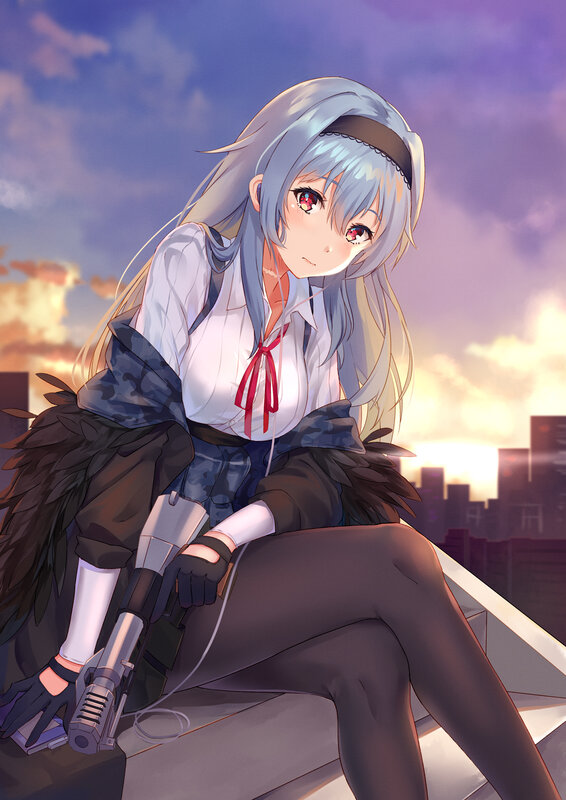 Anime Girl with Gun — Purple, Dramatic, Sunset, Digital Art, Cityscape