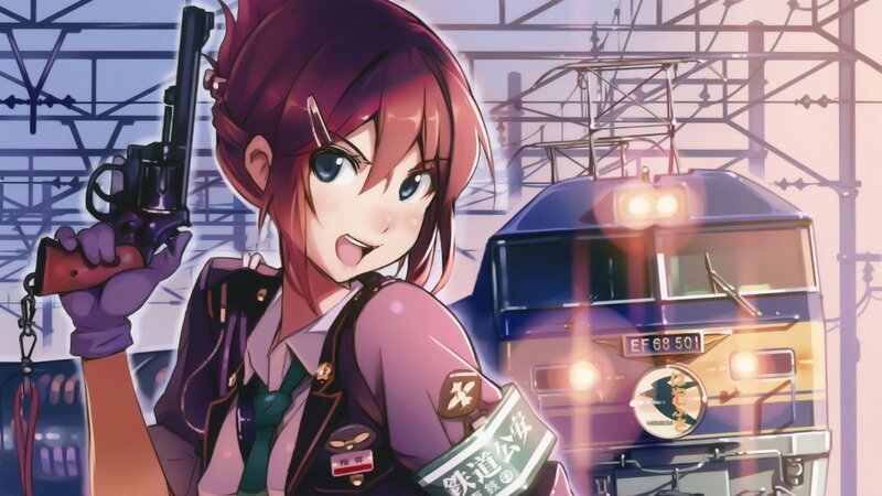 Anime Girl with Gun — Purple, Dramatic, Sunset, Train
