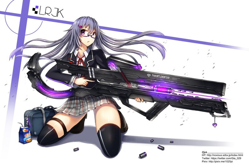 Anime Girl with Gun — Purple, Dynamic, Digital Art, School Uniform