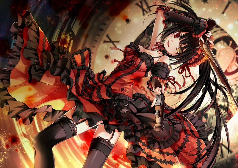 Anime Girl with Gun — Red, Dramatic, Clock, Blood