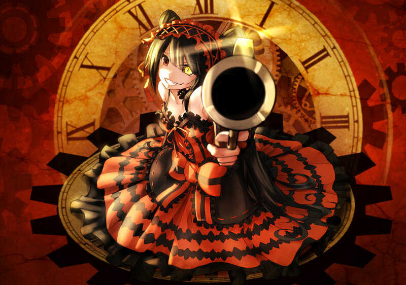 Anime Girl with Gun — Red, Dramatic, Clock