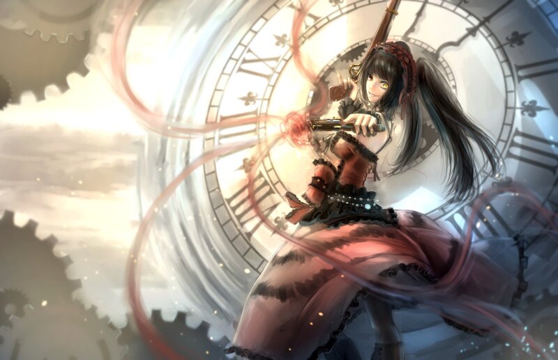 Anime Girl with Gun — Red, Dramatic, Digital Art, Clock, Gears