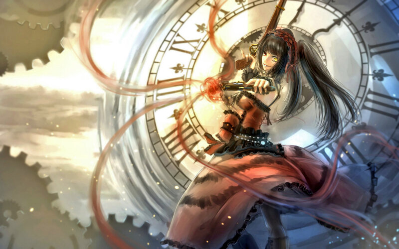 Anime Girl with Gun — Red, Dramatic, Digital Art, Clock