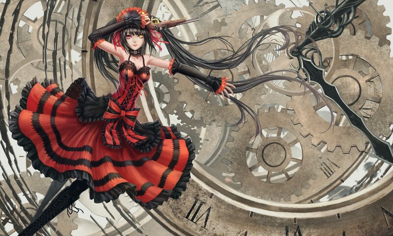 Anime Girl with Gun — Red, Dramatic, Digital Art, Gears