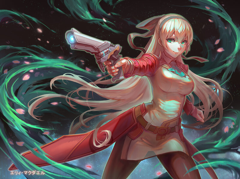 Anime Girl with Gun — Red, Dramatic, Digital Art, Green Energy