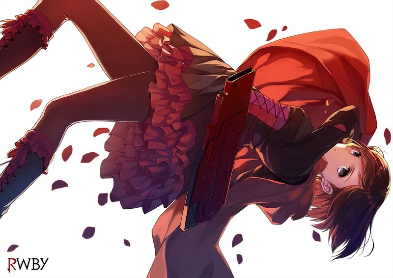Anime Girl with Gun — Red, Dramatic, Digital Art, Red Cloak, Falling