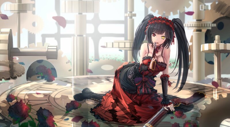 Anime Girl with Gun — Red, Dramatic, Digital Art, Roses
