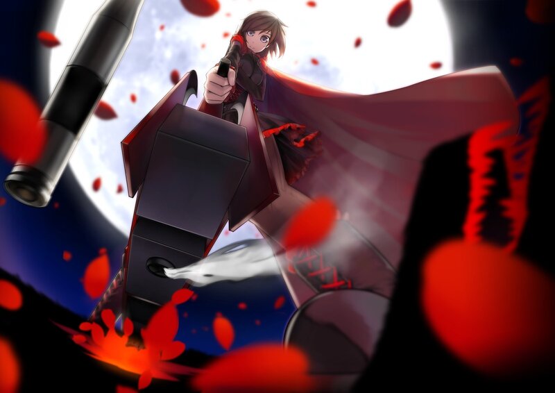 Anime Girl with Gun — Red, Dramatic, Night, Digital Art, Capes, Moon