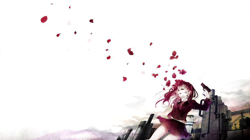 Anime Girl with Gun — Red, Dramatic, Sunset, Digital Art, Rose Petals
