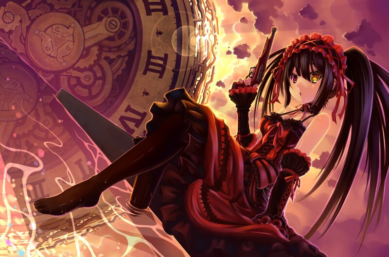 Anime Girl with Gun — Red, Dramatic, Sunset, Digital Art