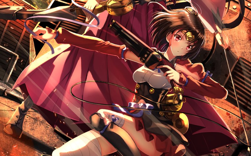 Anime Girl with Gun — Red, Dramatic, Sunset, Digital Art, Whip