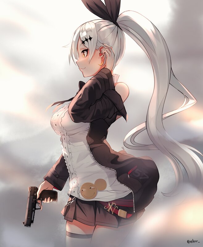 Anime Girl with Gun — White, Dramatic, Sunset, Digital Art, Long Hair