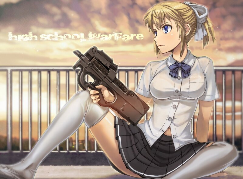 Anime Girl with Gun — White, Dramatic, Sunset