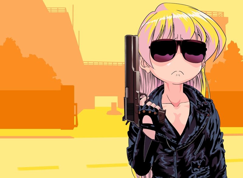 Anime Girl with Gun — Yellow, Dramatic, Sunset