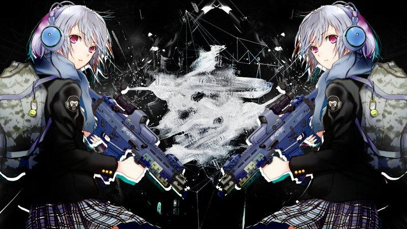 Anime Girl with Guns — Black, Dramatic, Digital Art, Headphones