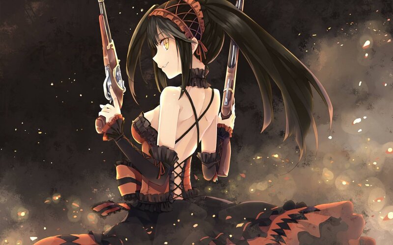 Anime Girl with Guns — Black, Dramatic, Digital Art, Sparkles