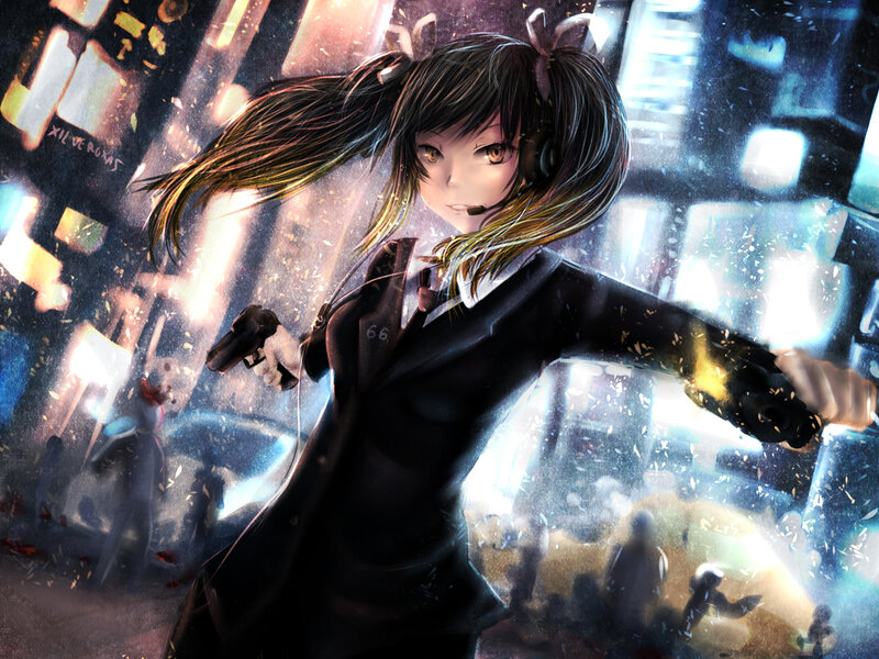 Anime Girl with Guns — Black, Dramatic, Night, Digital Art, Pistols, Headset