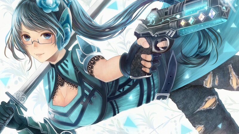 Anime Girl with Guns — Blue, Dramatic, Digital Art, Sword