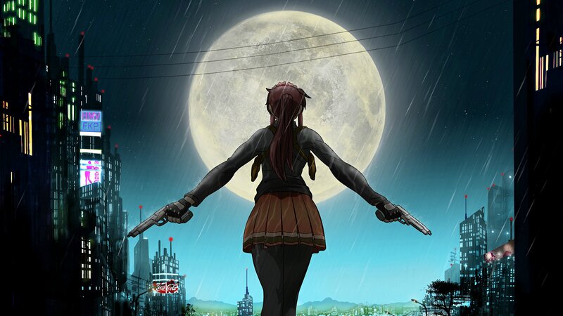 Anime Girl with Guns — Blue, Dramatic, Night, Digital Art, City, Moon