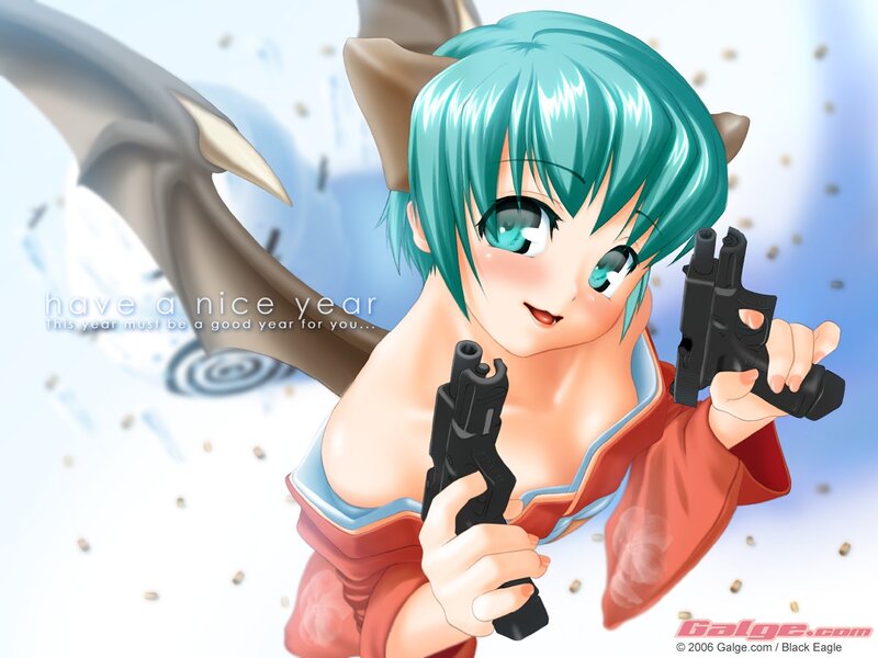 Anime Girl with Guns — Blue, Playful, Digital Art