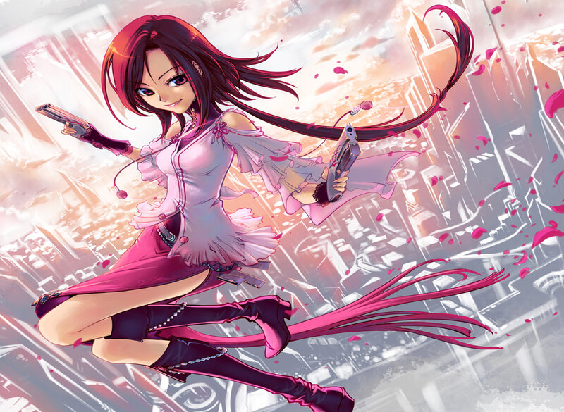 Anime girl with guns in city