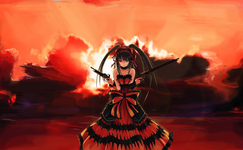 anime girl with guns in fire
