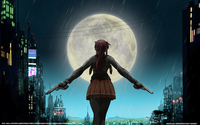 Anime girl with guns in rain