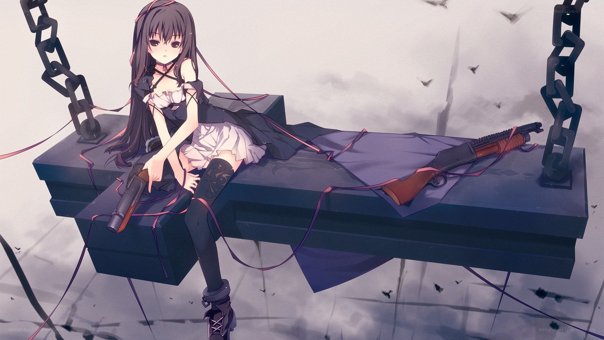 anime girl with guns on a platform
