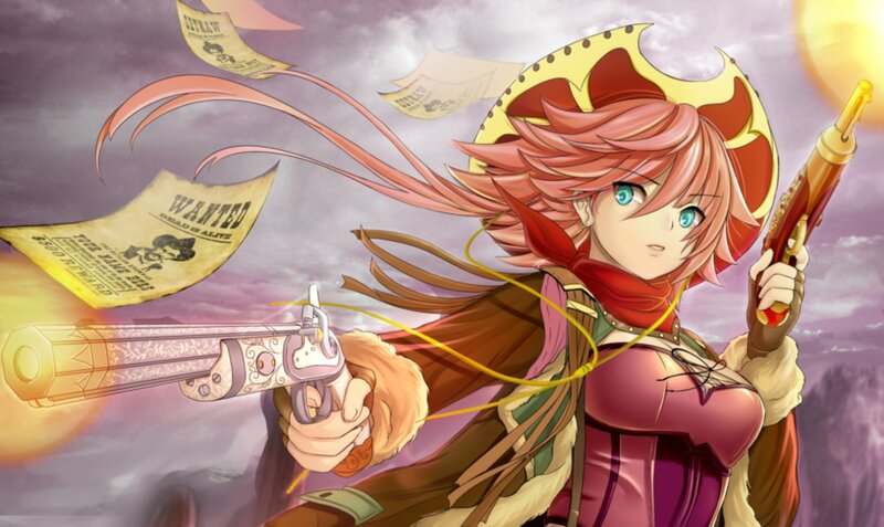 Anime Girl with Guns — Pink, Dramatic, Sunset