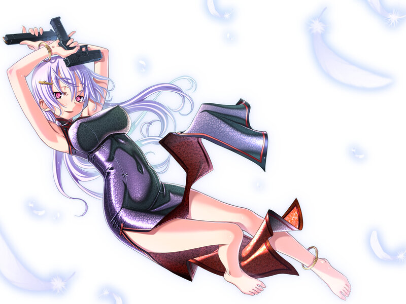 Anime Girl with Guns — Purple, Dramatic, Feathers