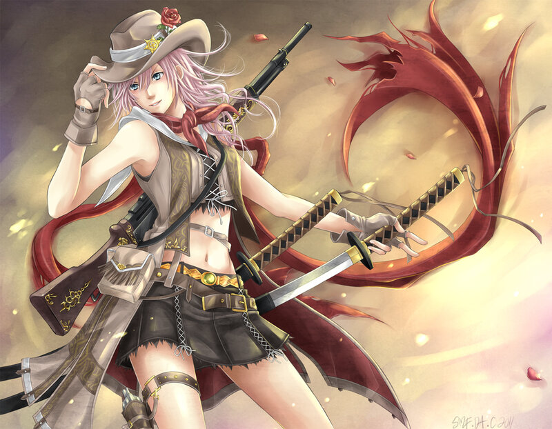 Anime Girl with Guns — Red, Dramatic, Digital Art