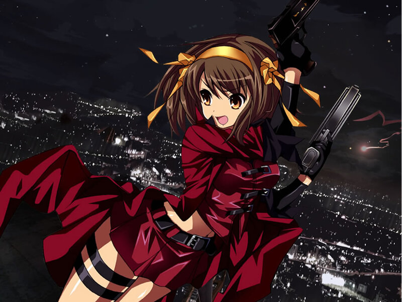 Anime Girl with Guns — Red, Dramatic, Night, Cityscape