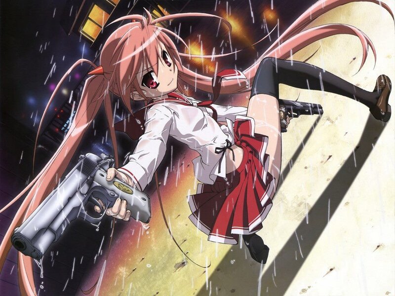 Anime Girl with Guns — Red, Dramatic, Night, Rain